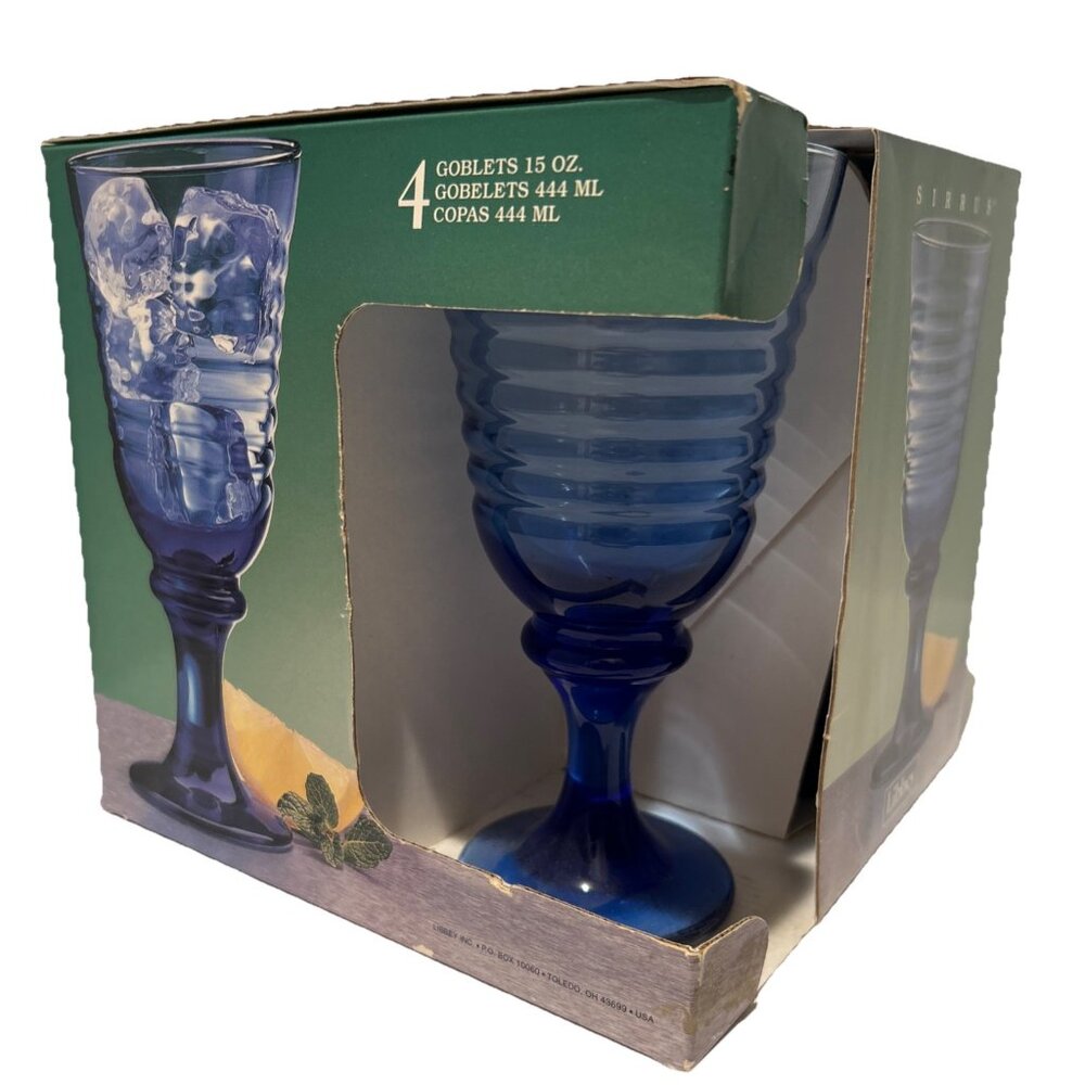 4x LIBBEY COBALT BLUE SIRRUS RIBBED GOBLETS 15oz New Vintage